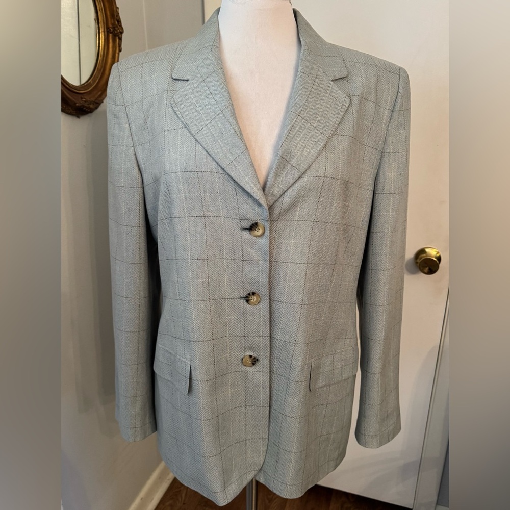 Talbots Light powder Blue Grey Plaid Blazer Silk Jacket Sz 16 Women’s academia